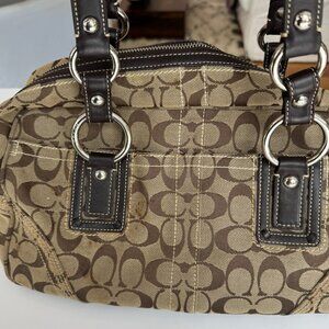 Coach Signature Jacquard Bowler Domed Tote Satchel Brown Purse Bag Monogram